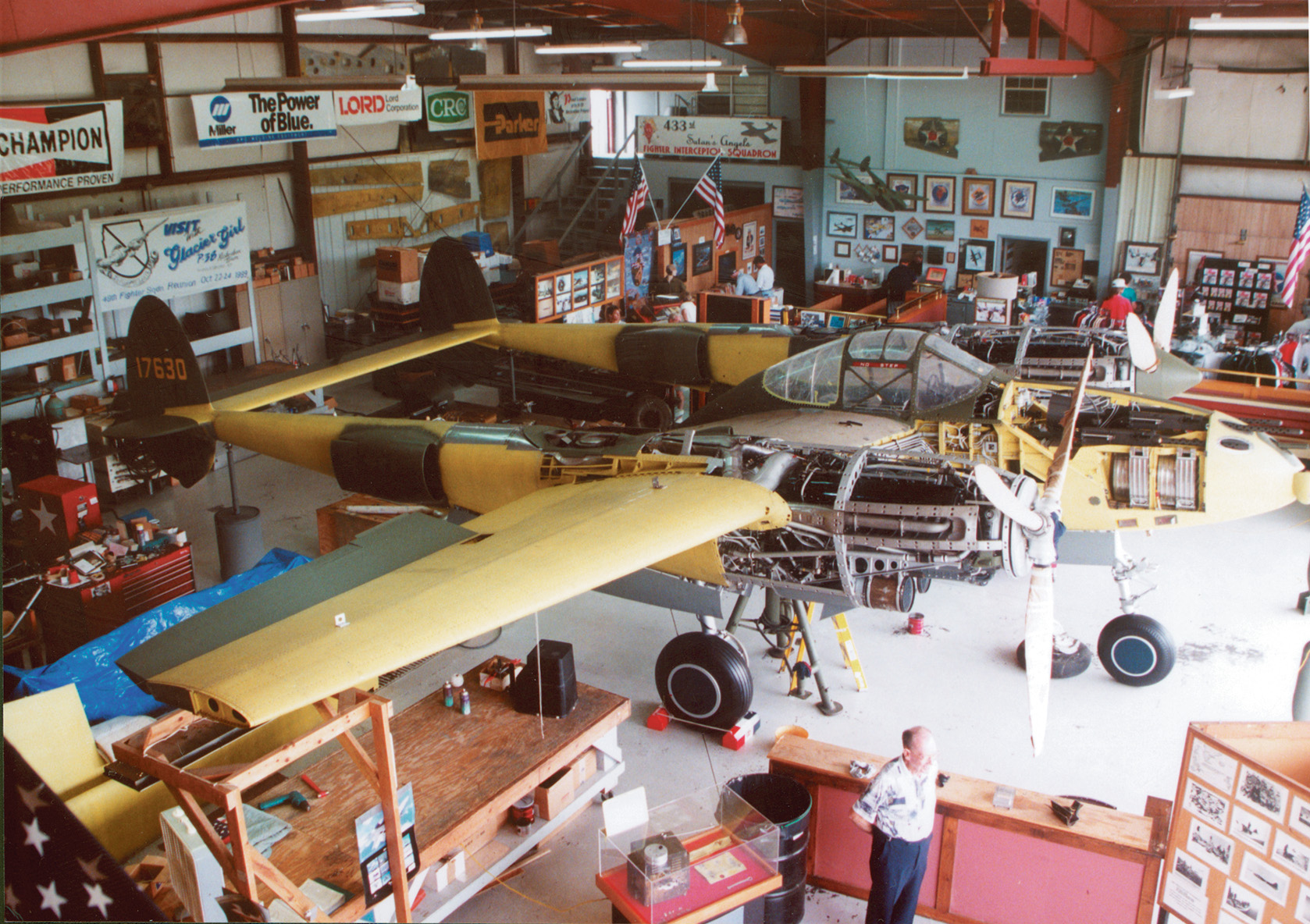 Undergoing extensive restoration, the P-38 dubbed “Glacier Girl” sits inside the working museum at Middlesboro, Ky.