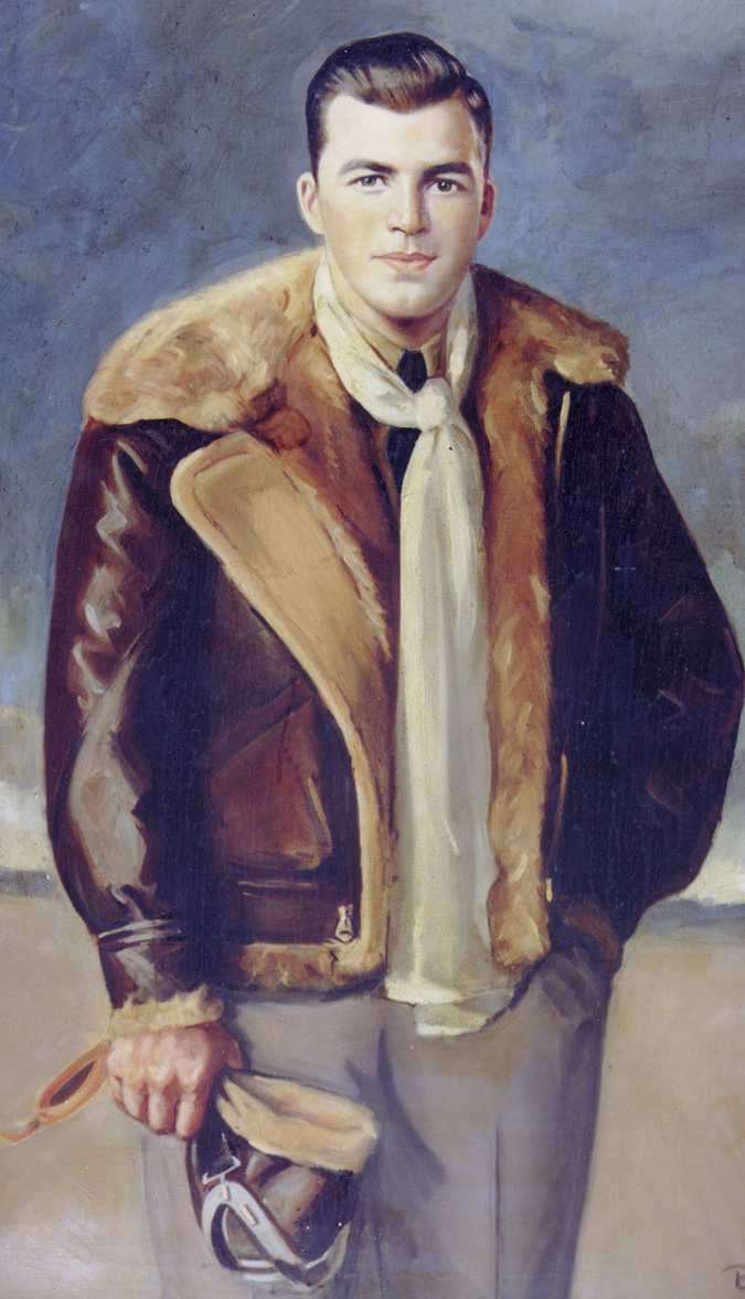 In a stylized portrait, Lieutenant Colin Kelly strikes a heroic pose. Kelly died a hero, but fact and fiction combined to make his story a legend.