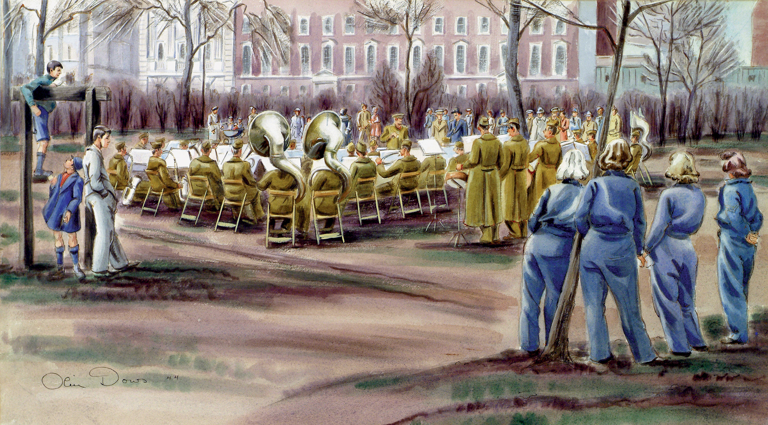 Residents of an English town gather around an Army band to listen to their favorite songs in Band Concert by Olin Dows. Many of the songs that were written and performed during World War II are standards today.