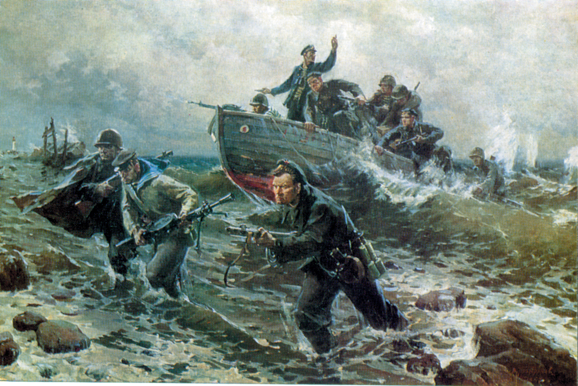 In a somewhat romanticized painting by Viktor G. Puzirkov, Soviet marines storm ashore from landing craft. The Soviet Navy contributed 30 brigades of fighting troops to the effort to repel the Nazis during World War II.