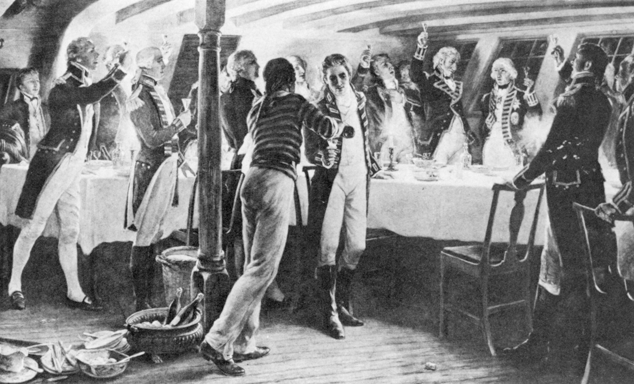 Nelson’s captains, gathering aboard the Elephant on the night before the battle, join their one-armed admiral in a toast to victory the next day.