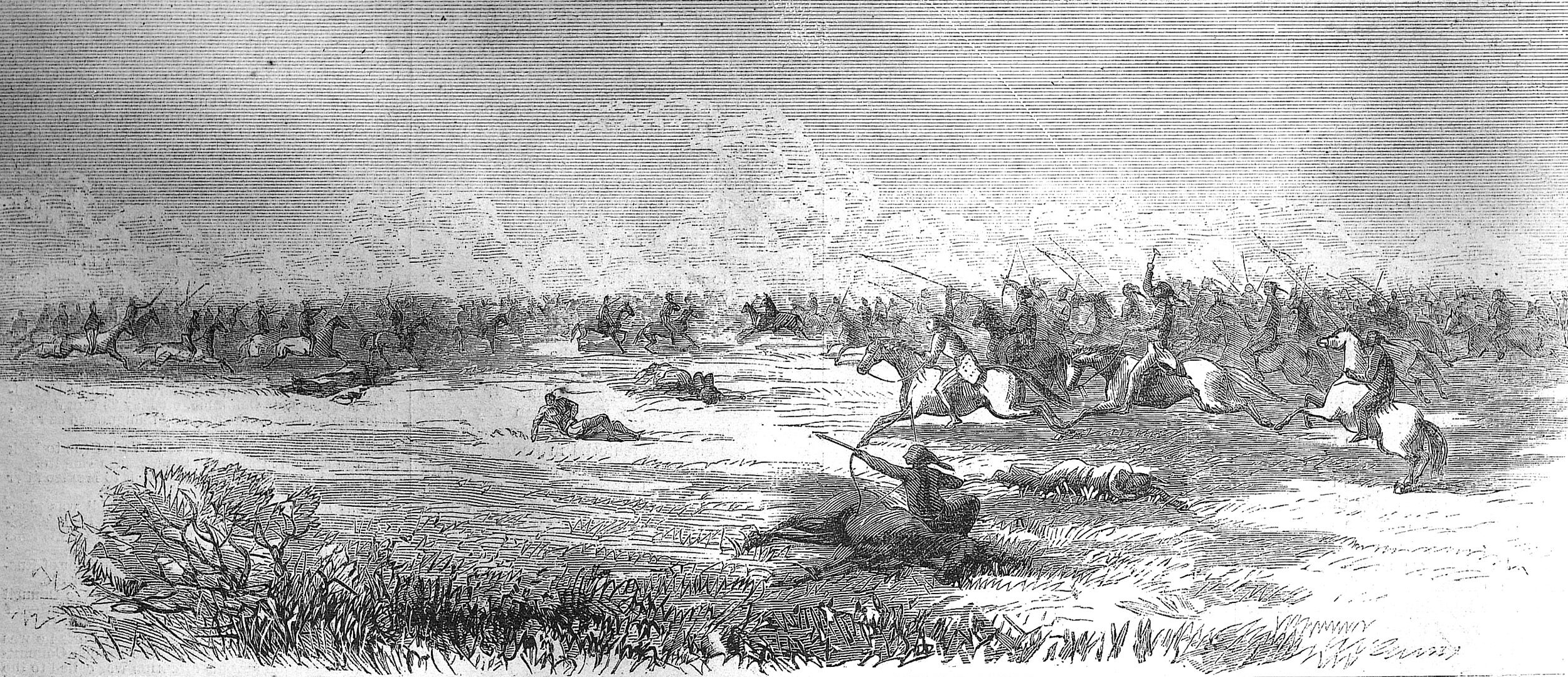 Indians and cavalry troopers advance toward each other in this rendition of the Fort Wallace fight published in Harper’s Weekly a month after the battle.