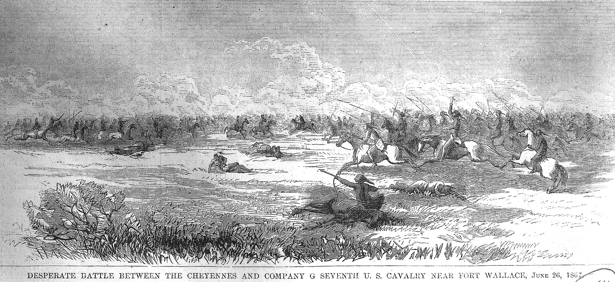 Indians and cavalry troopers advance toward each other in this rendition of the Fort Wallace fight published in Harper’s Weekly a month after the battle.