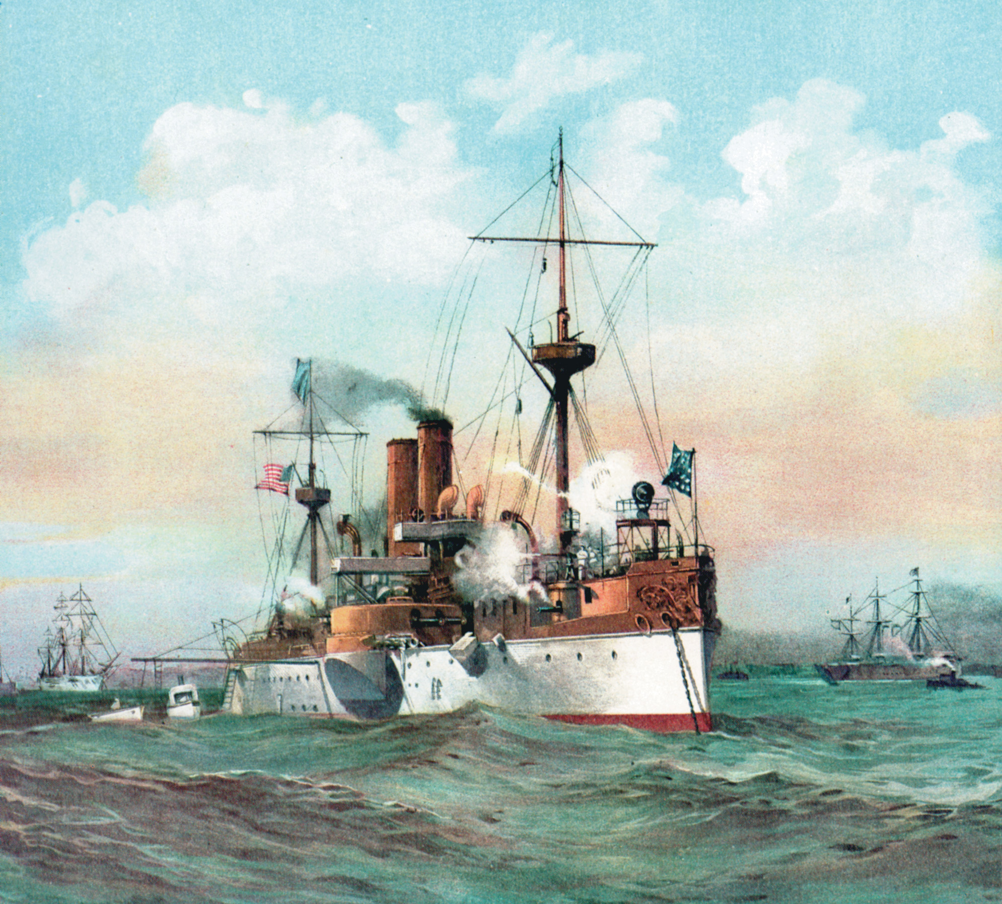 The USS Maine fires its guns in salute to the Spanish Alfonso XII just after it has anchored at Buoy No. 4 in Havana harbor. 