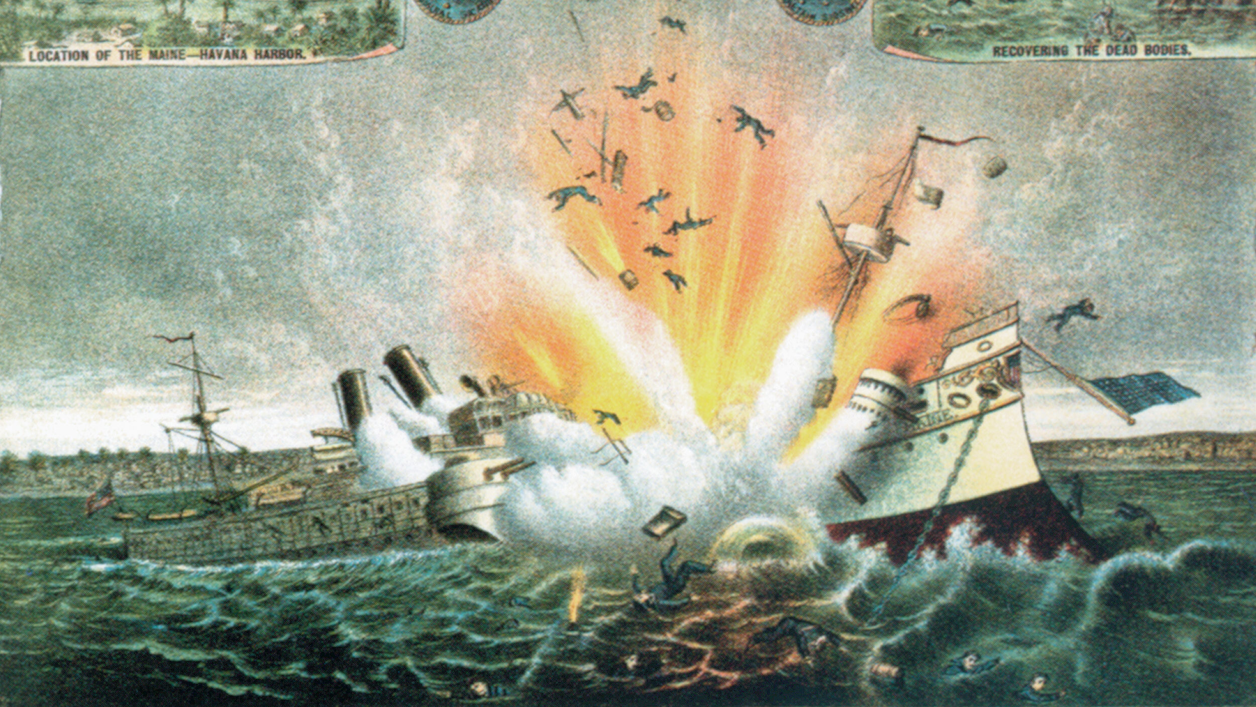 Created solely from the artist’s imagination, this chromolithograph was issued to meet the Ameri- can public’s demand for revenge against Spain for the destruction of the USS Maine.