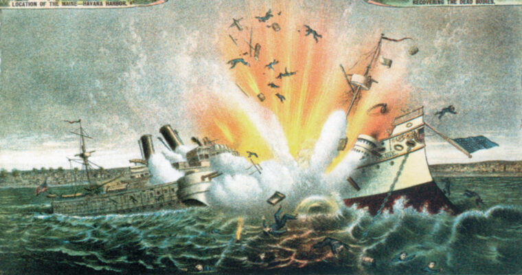 Created solely from the artist’s imagination, this chromolithograph was issued to meet the Ameri- can public’s demand for revenge against Spain for the destruction of the USS Maine.