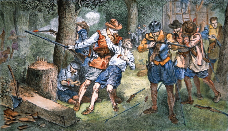 Indians attack a building party in the woods. Settlers had to be on their guard for such ambushes.
