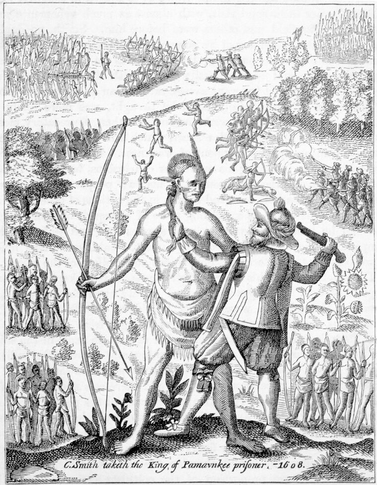 An illustration from John Smith’s Generall Historie of Virginia, New England and the Summer Isles (1624). It shows Smith capturing a native chieftain while fighting rages in the background.