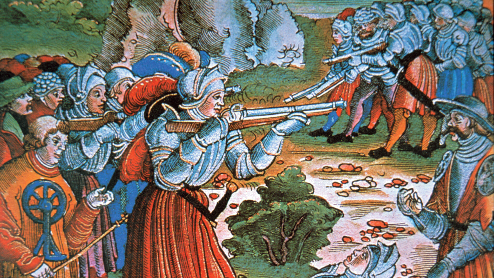 The arquebus changed warfare in Europe. Here armored soldiers fire matchlock pieces as depicted on a German woodcut of the late 15th century.