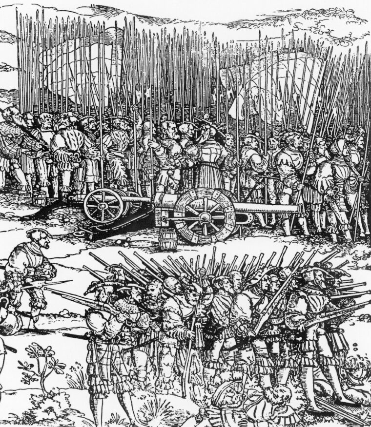 Mercenary arquebusiers, along with their supporting pikemen, await participation in the Battle of Pavia in 1525. 