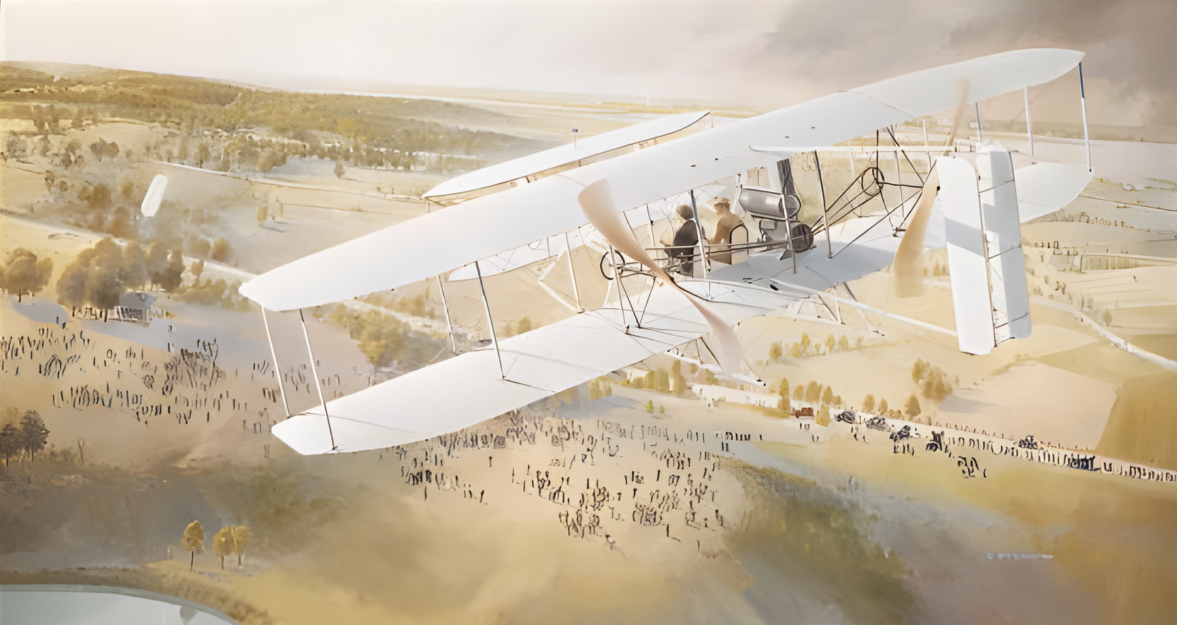 Lt. Benjamin Foulois and Orville Wright fly over Virginia countryside in 1909, testing a Wright flier for the U.S. Army. The test was successful and Foulois began a lifetime of promoting U.S. airpower.