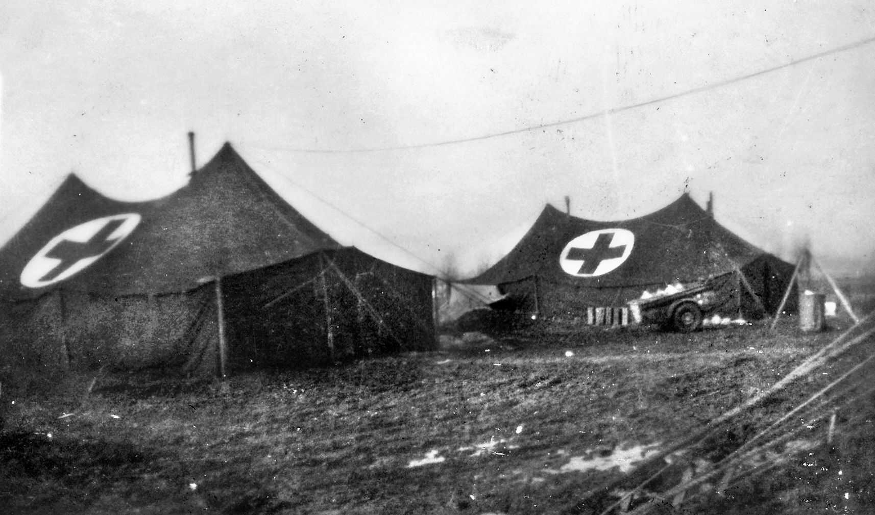 This photo reportedly shows the damage inflicted during the attack on the 326th Airborne Medical Company by Kampfgruppe Stephan during the Battle of the Bulge.