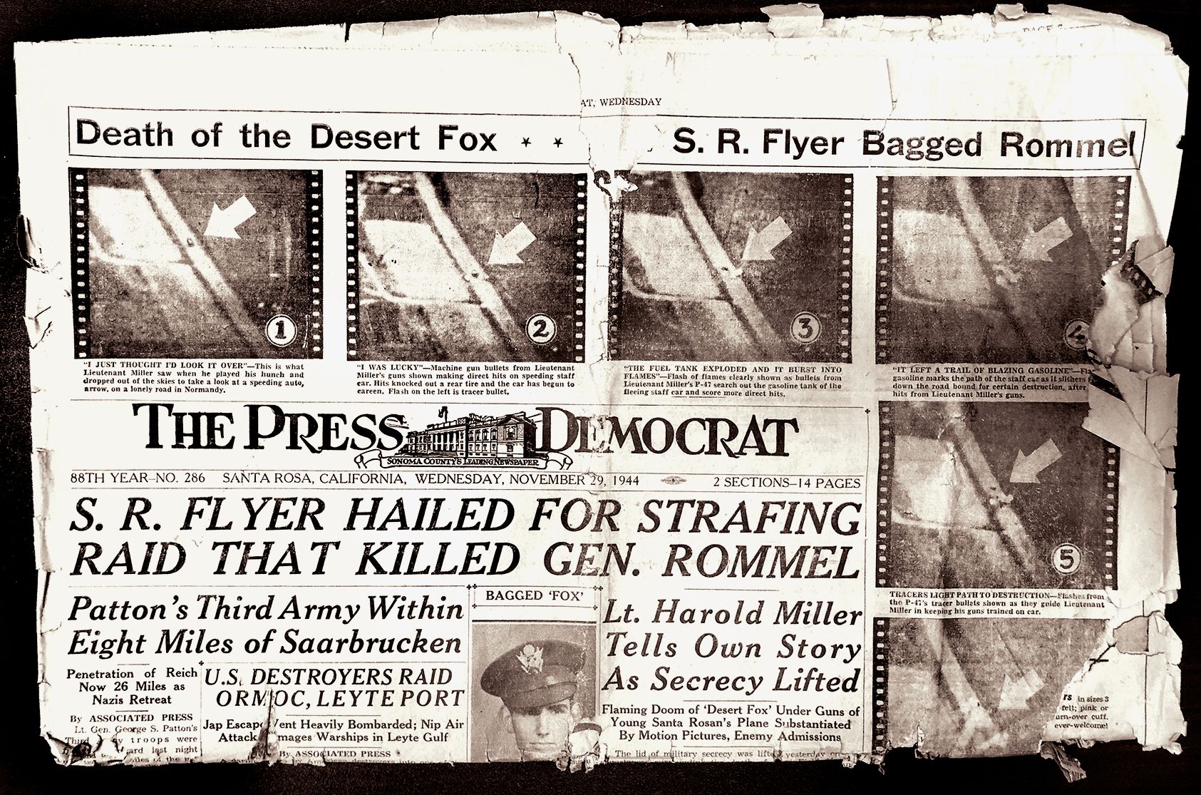 The front page of the November 29, 1944, edition of the Santa Rosa (Cal.) Press-Democrat proclaimed—erroneously—that a local boy killed the infamous “Desert Fox.” 