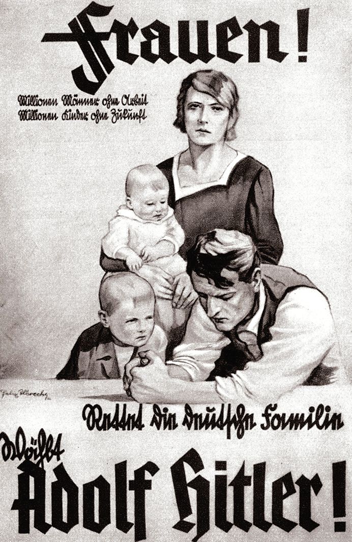 This Nazi poster from the 1932 German presidential election campaign implores, “German Women, Think of Your Children. Vote Hitler.” Albert Einstein was dismayed by the appointment of Hitler as Chancellor of Germany in 1933.