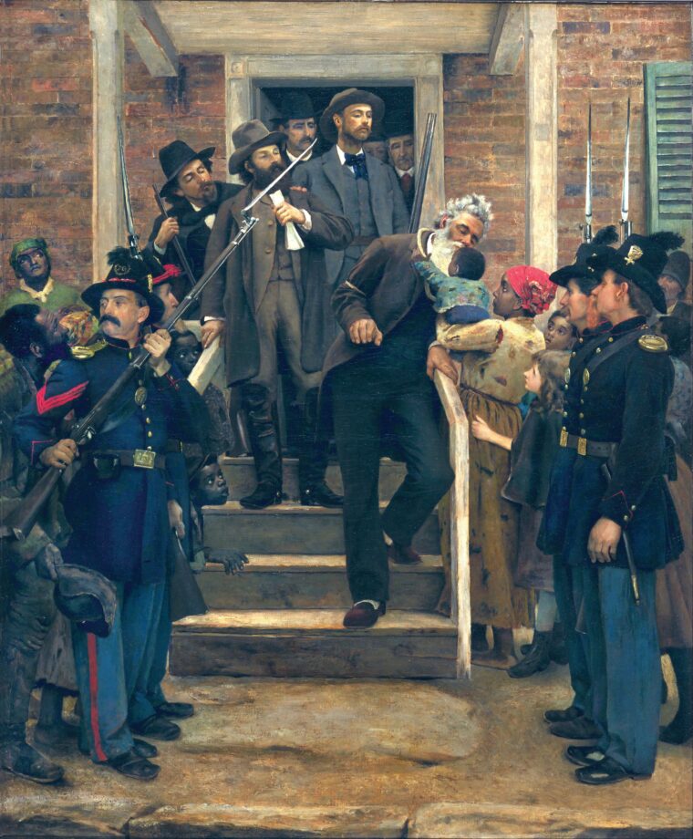 Thomas Hovenden’s 1884 painting, “The Last Moments of John Brown,” immortalizes an apocryphal story of a black woman offering her baby for him to kiss as he went to the gallows.  However, the episode never occurred as no civilians were allowed within earshot of the execution.  