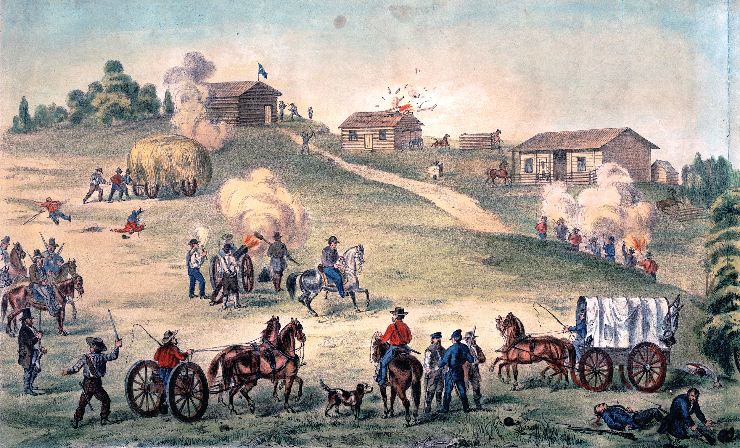 Drawing of a skirmish between Free Staters and Border Ruffians during the “Wakarusa War.” Artist William Breyman—who drew himself driving the wagon at right—was a Free Stater who was imprisoned at Lecompton, Kansas.