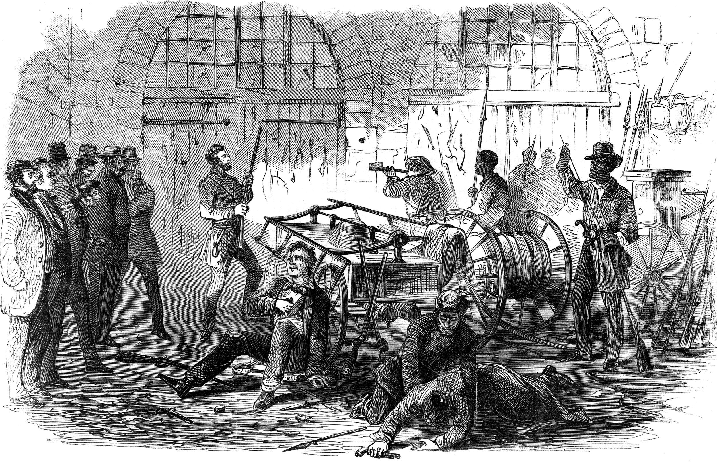 Inside the engine house, John Brown clutches his rifle moments before the Marines break in. Wounded raiders huddle in the foreground, while Colonel L. W. Washington, of Jefferson County, Virginia, and the other hostages watch the action from the left. Several pikes that Brown had planned to use to arm the slave uprising (which didn’t happen) appear to be stacked against the far right wall.