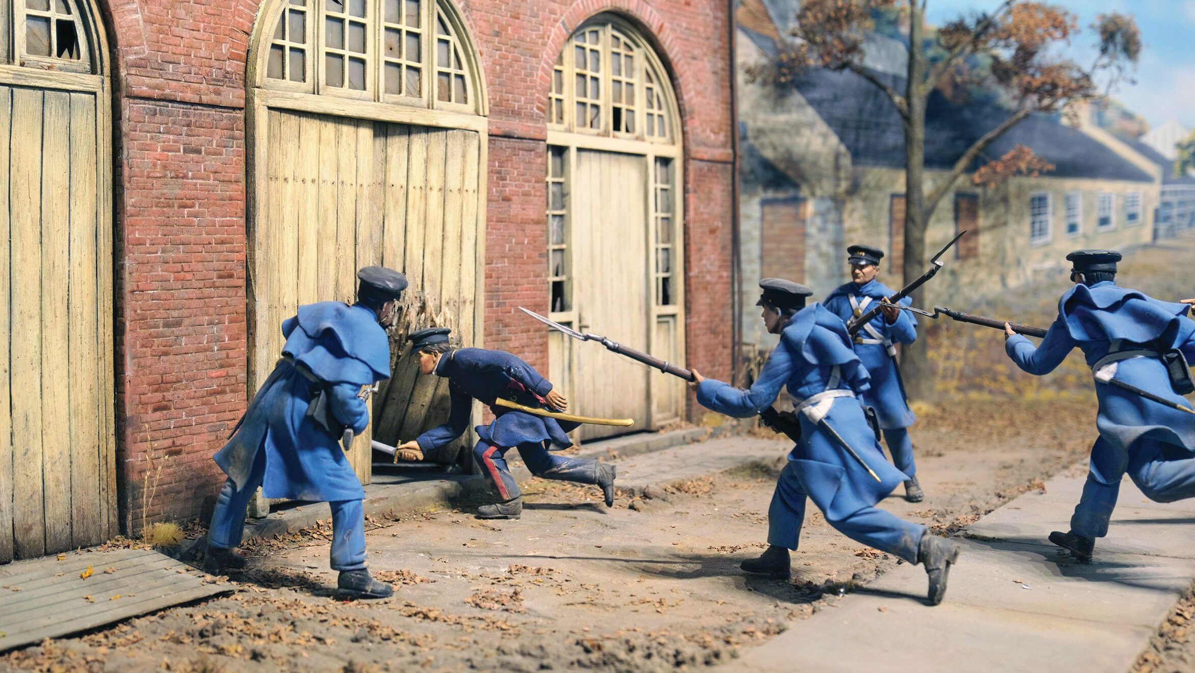 First Lieutenant Israel Greene leads his Marines into the engine house, as depicted in this diorama at the National Museum of the Marine Corps Heritage Center in Virginia.
