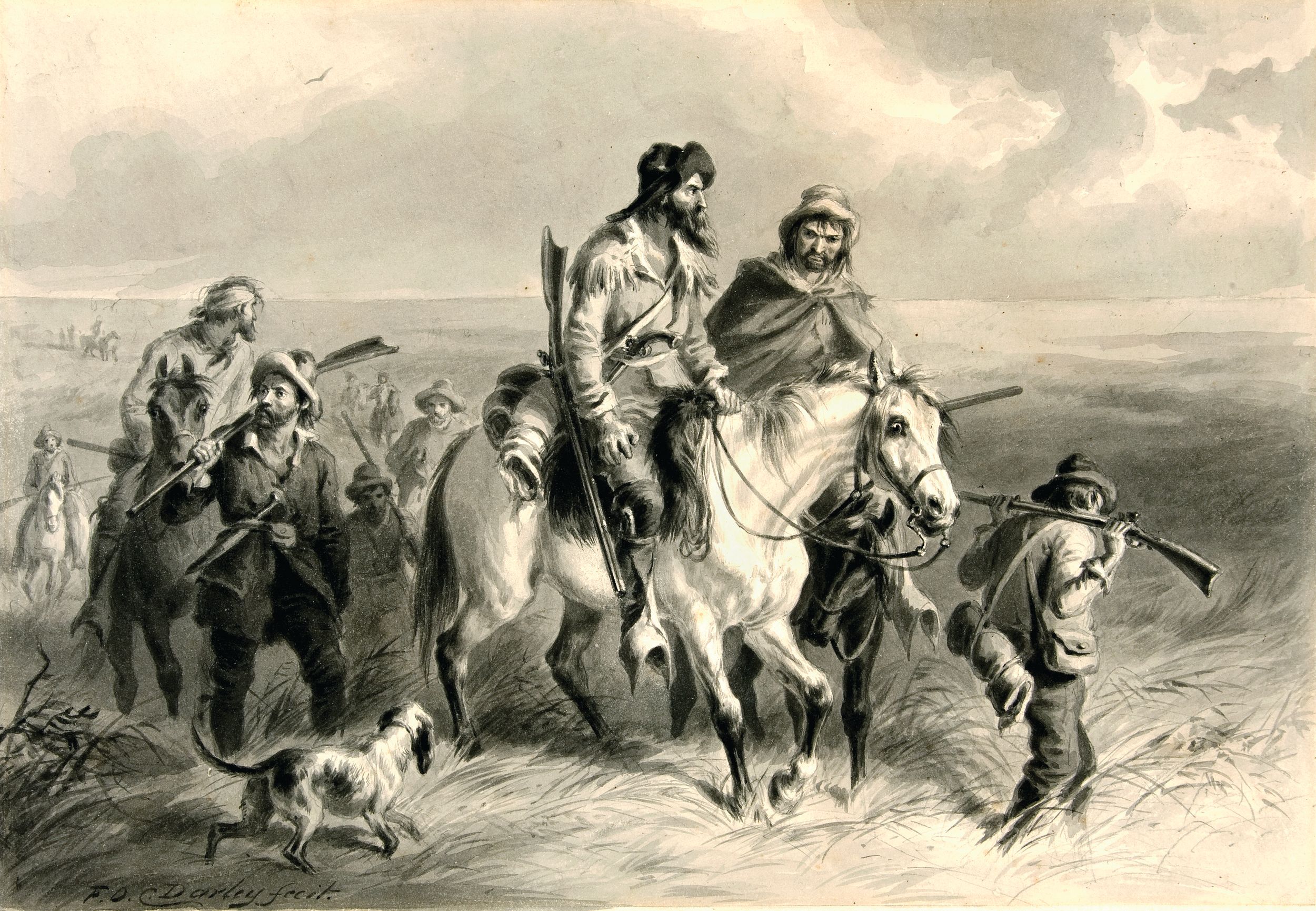 “Border Ruffians Invading Kansas,” pen, ink and wash drawing by Felix O. C. Darley (American, 1822–1888).  “Border Ruffians” were pro-slavery activists from Missouri who crossed into Kansas Territory between 1854 and 1860 to promote slavery. 