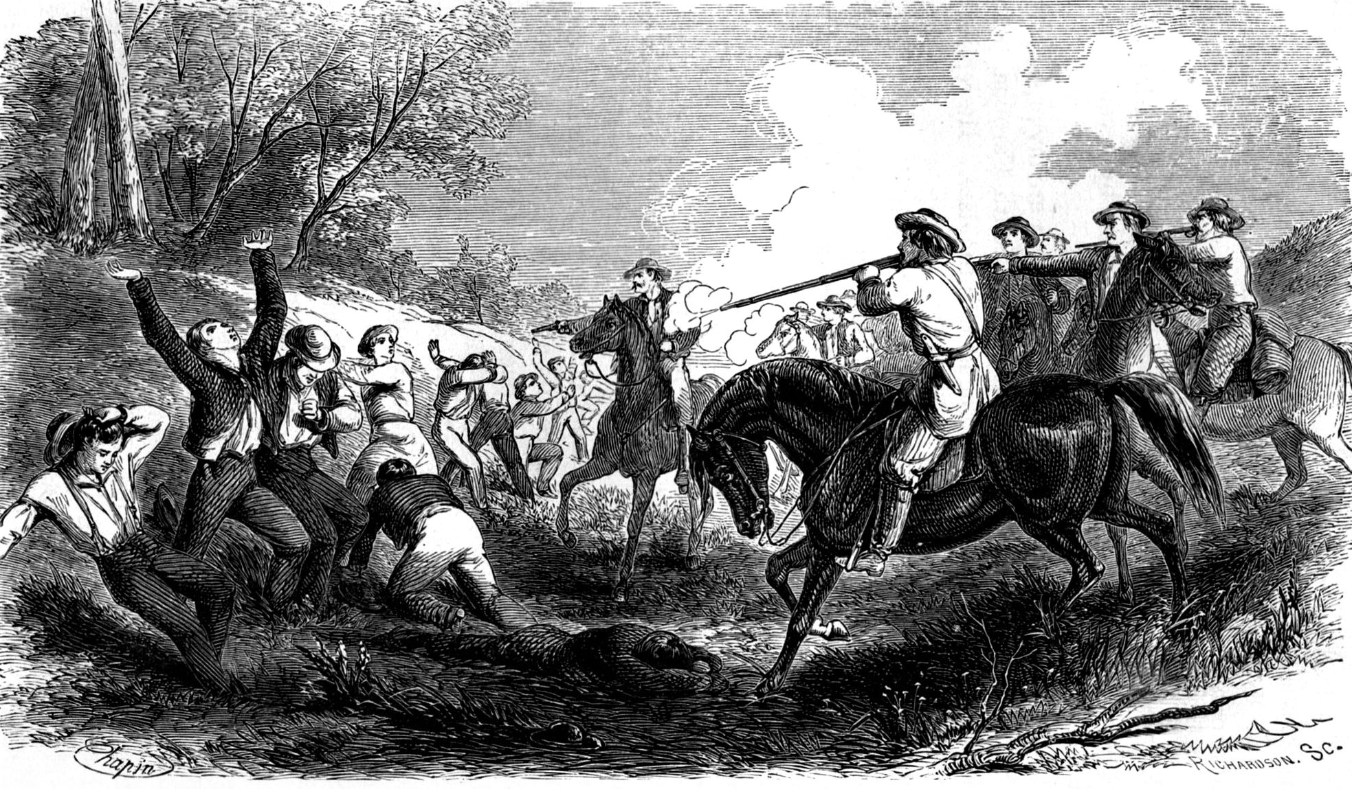 The Marais des Cygnes Massacre was one of the last big acts of violence during Bleeding Kansas. Charles Hamilton, a pro-slavery man who had been run out of the territory, led 30 men into the village of Trading Post, Kansas, on May 19, 1858. They forced 11 unarmed free-staters into a ravine and shot them—killling five and wound five others. One man escaped injury by pretending to be dead. 