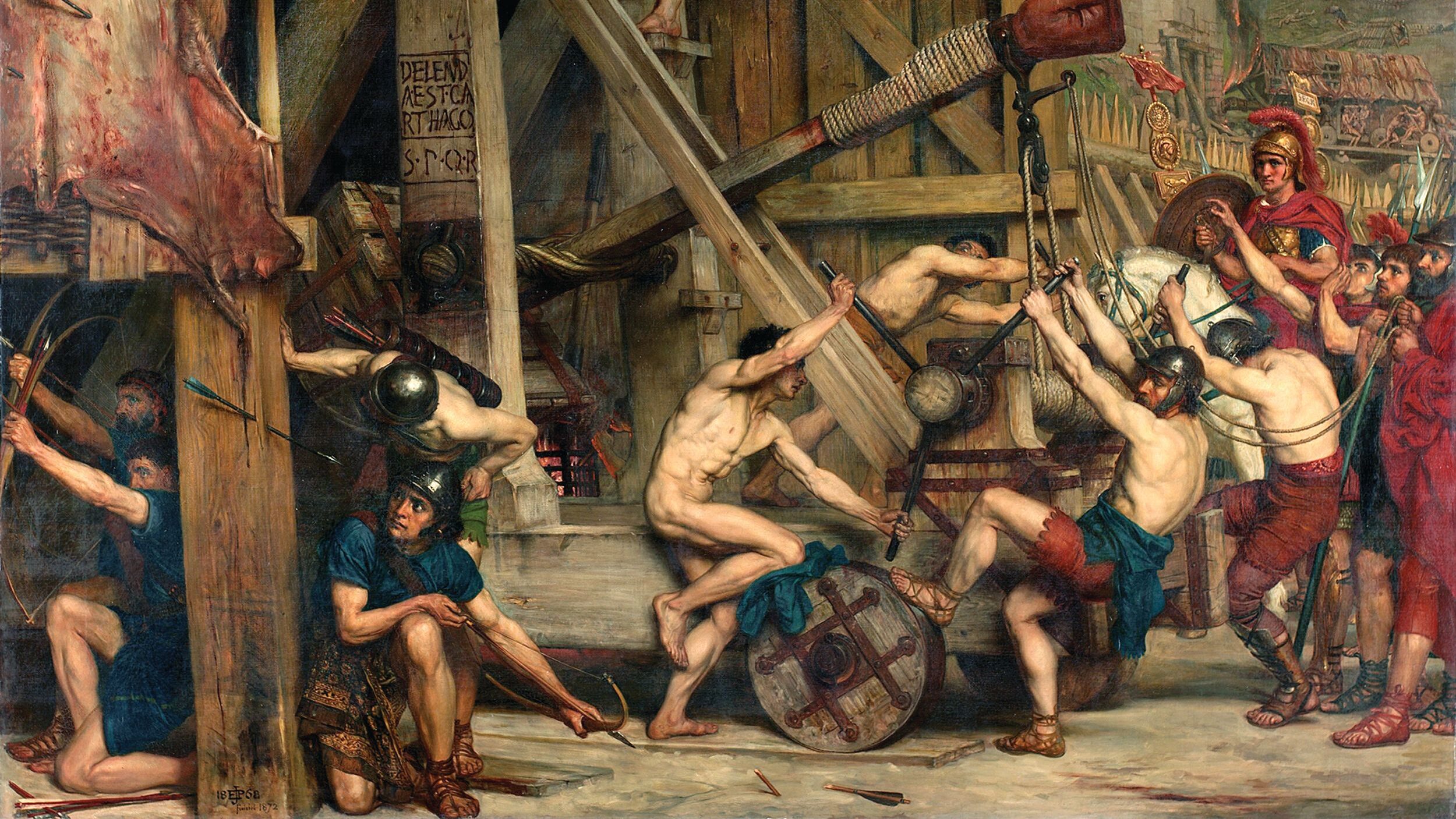 “The Catapult,” by Edward John Poynter (British, 1836-1919) depicts a siege engine manned by Roman soldiers at the walls of Carthage during the Third Punic War. “Carthage must be destroyed” (Delenda est Carthago), the words of Cato the Elder as quoted in Pultarch's “Life of Cato,” are carved on one of its massive beams.