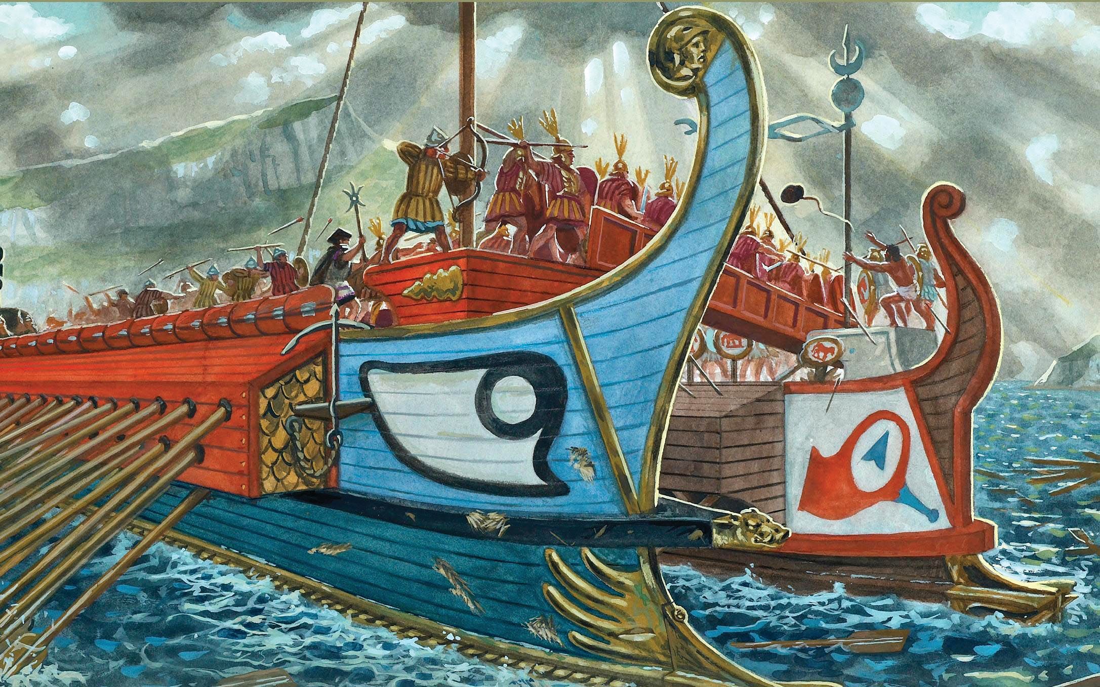 Disarmed during the Second Punic War, the Carthaginians managed to build 50 triremes during the siege—to the surprise of the Romans. This illustration depicts the crew of a Roman trireme boarding a Carthaginian ship. Powered mainly by oars, both vessels have a rostrum, usually a single piece of fused bronze, extending from the bow at the waterline to ram and sink enemy ships.