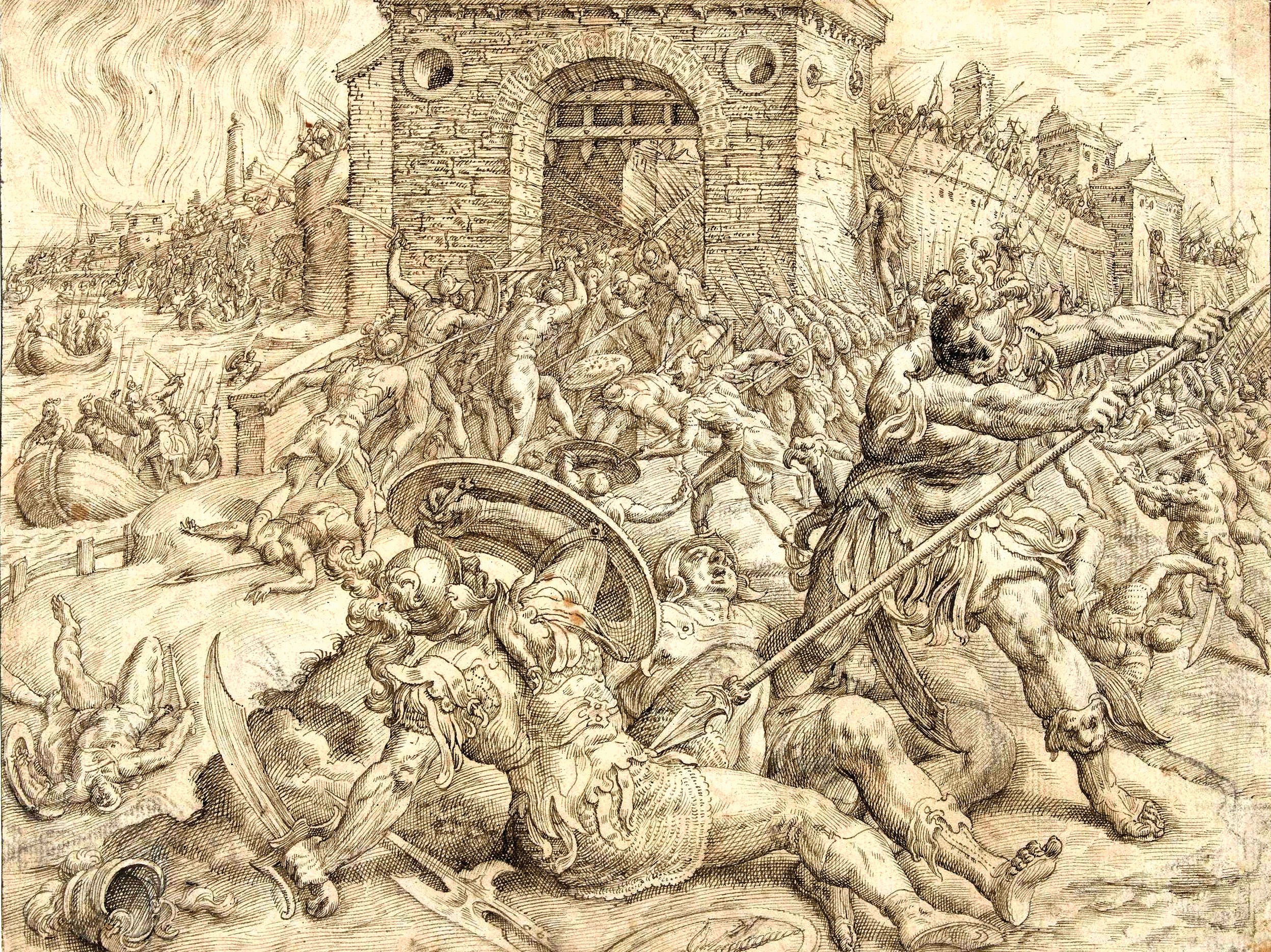 “Conquest of Carthage by Scipio Africanus,” by Gerard van Groeningen (Netherlands, 1515–1599) shows fighting outside the walls of Carthage. Expecting a surrender, the Romans were surprised when the Carthagians left the fortified city to attack.