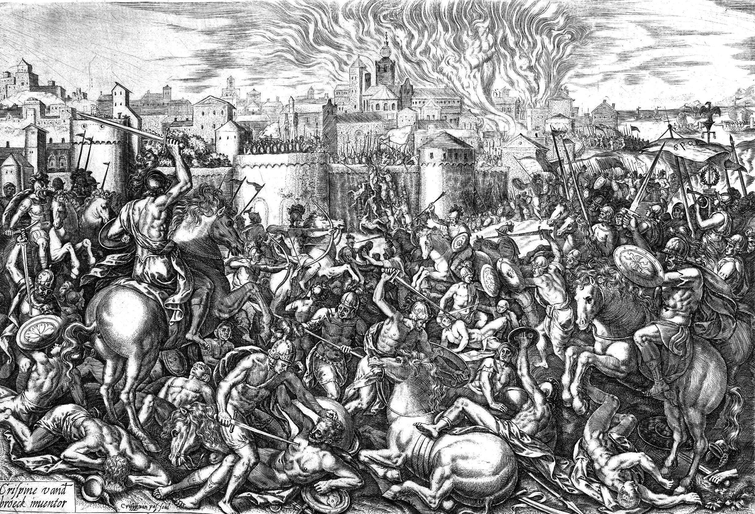 “Ingestion of Carthage,” a print by Barbara van den Broeck (Netherlands, 1560–1670) that shows the clash between the army of Roman general Scipio Africanus the Younger and the Carthaginians, as their city burns behind them.