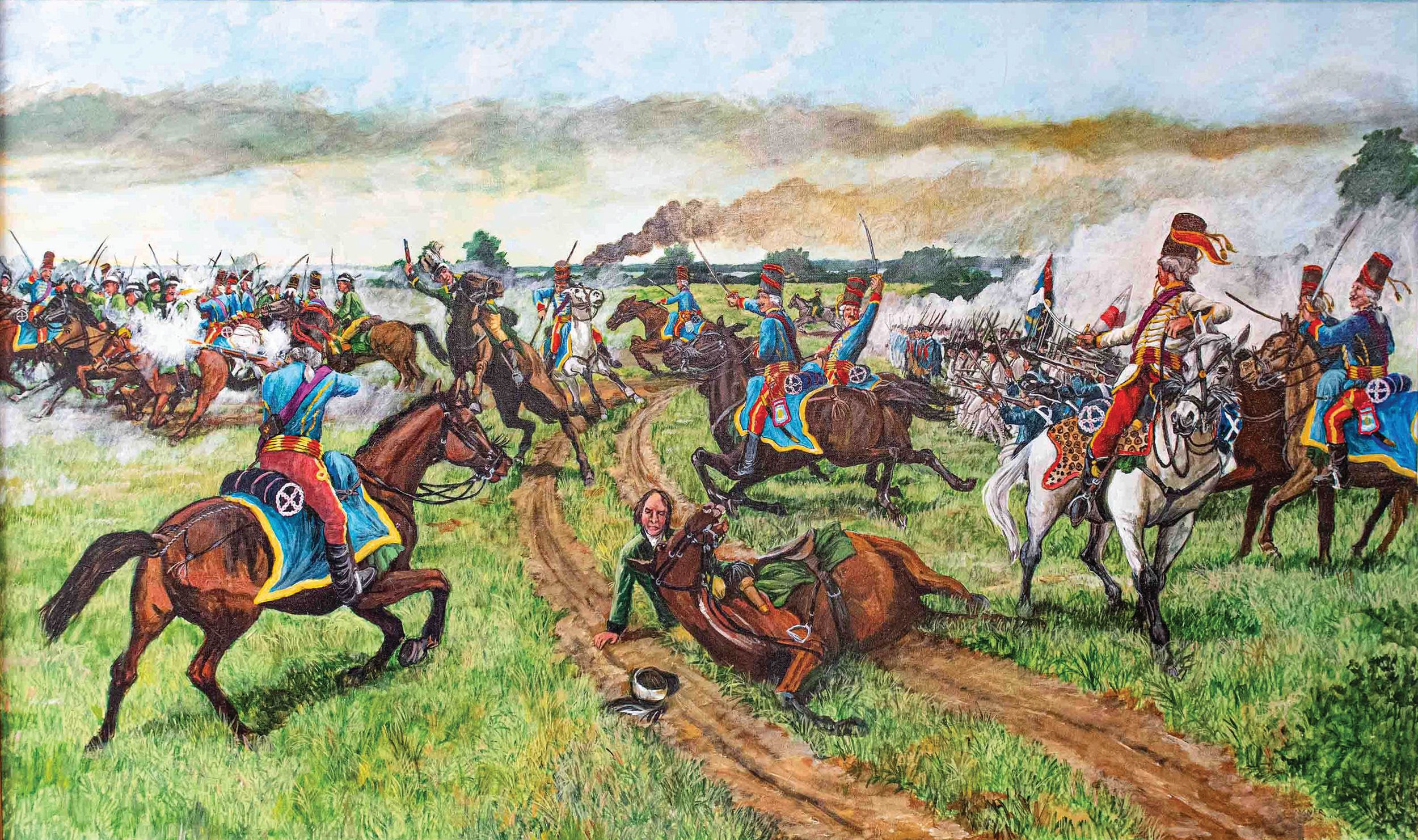 Lieutenant-Colonel Banastre Tarleton is shown center, thrown from his horse as the Duc de Lauzun rides by on a white horse. Mercer’s Virginians and French infantry fire on the British in the background at right.