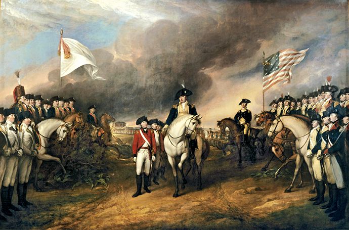 John Trumball’s famous painting of the surrender of Cornwallis’s British Army outside Yorktown shows the Duc de Lauzun wearing a tall hussar cap, mounted at far left. To his left is the Marquis de Choisy. The British in Gloucester laid down their arms an  hour after the Yorktown surrender—the last Crown forces in North America to do so.
