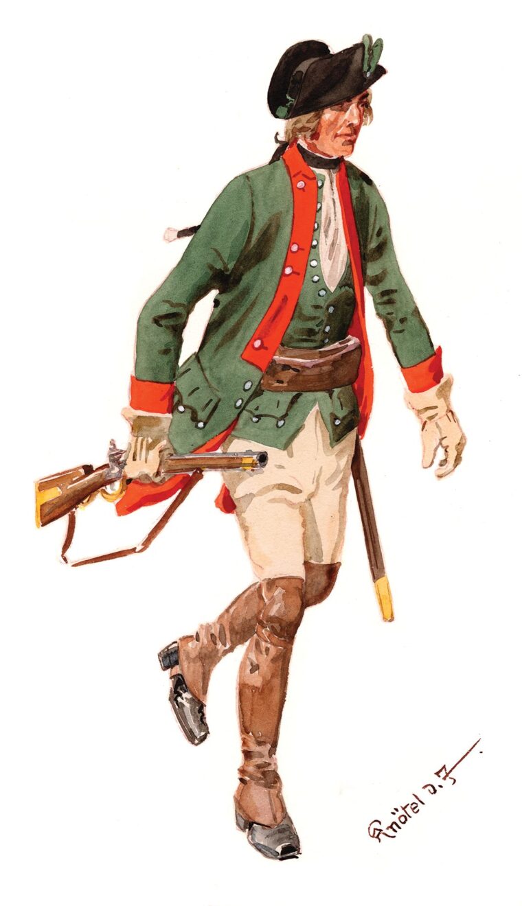 German Captain Johann Ewald commanded Tarleton’s Hessian Jaeger Corps. These men, typically recruited from the forests of Germany, were armed with short rifles and were experienced skirmishers.
