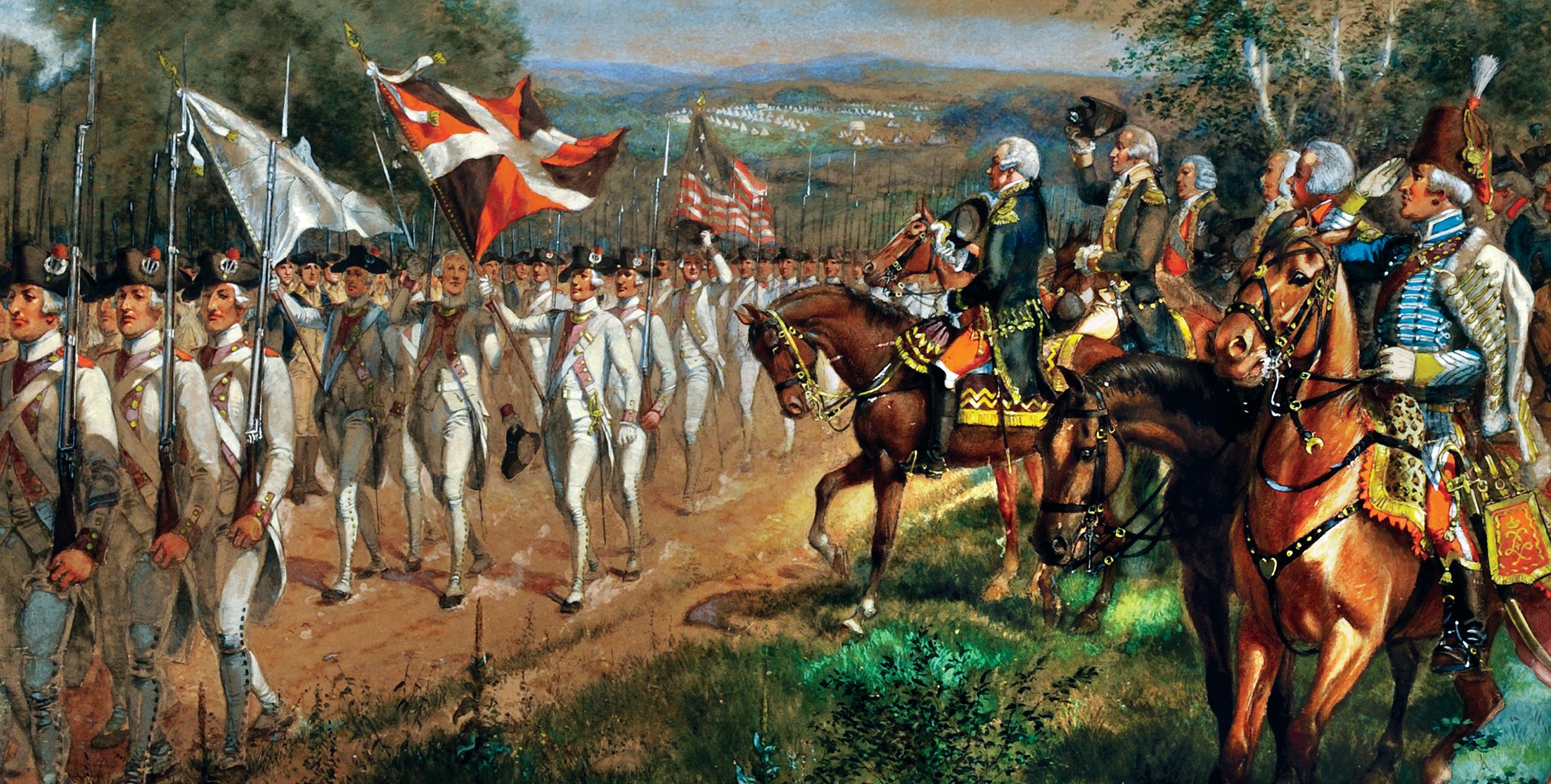 Washington and Rochambeau salute as French infantry march past en route to Yorktown. Armand-Louis de Gontuart, Duc de Lauzun, who accompanied Rochambeau, salutes at far right.
