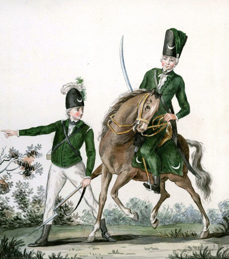 Simcoe’s Rangers, seen here in a period drawing, included infantry and mounted troops, which made them effective for foraging operations.