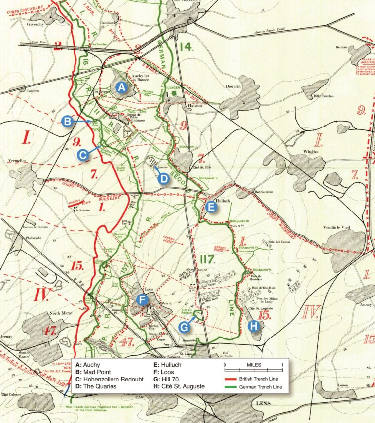 This trench map, actually used in battle during the 7th Division's frontage of attack, highlights some of the key locations of the action in France during the Battle of Loos, September 25-28, 1915.