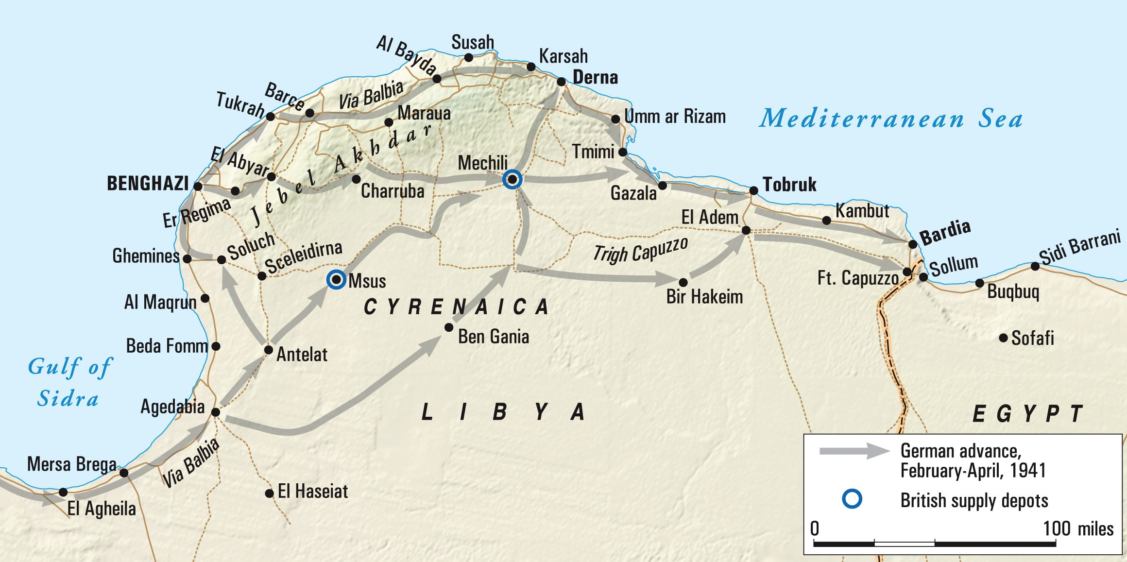 Rommel arrived in Tripoli on February 12, and by March 24 his Afrika Korps had captured El Agheila and was pushing hard into Cyrenaica toward Benghazi and Mechili.  By April 10 elements of the Afrika Korps arrived outside Tobruk and were ordered to attack.