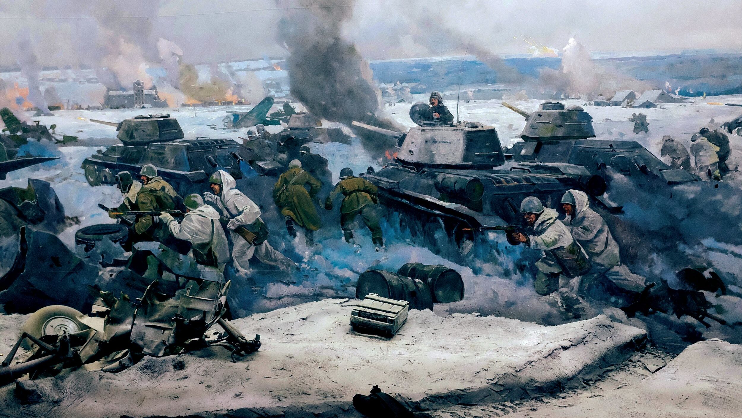 A panoramic painting of the Battle of Stalingrad depicts Soviet soldiers and T-34 tanks advancing against the invading Germans. The five-month siege ended in February, 1943, with a German defeat and two million deaths. Mariya Oktyabrskaya would see her first combat that October in Smolensk.