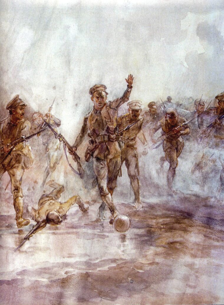 “Footballers at Loos,” a 1916 watercolor by artist Lady Elizabeth Butler, depicts the real-life exploits of Rifleman Frank Edwards of the London Irish Rifles Regiment, who led his battlion forward by dribbling a soccer ball across No Man’s Land. Soon wounded, he survived the war, as did his football, proudly displayed in the unit’s regimental museum in London. 