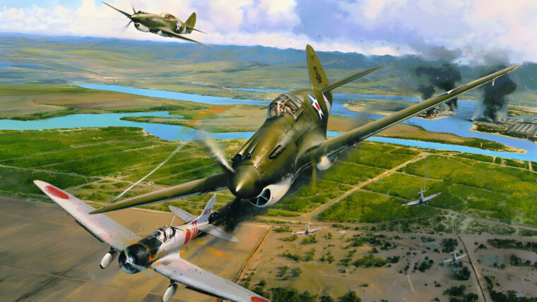 His trusty wingman behind, the pilot of an American Curtiss P-40 Tomahawk fighter roars past a stricken Japanese Aichi “Val” dive-bomber he has just shot up. Although few U.S. pilots managed to get into the air over Oahu on December 7, 1941, those who did fought bravely.