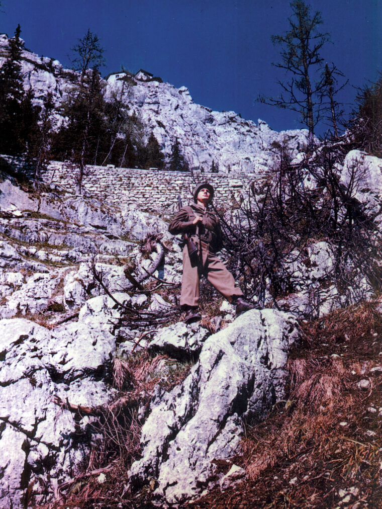 Under new management: a soldier of the 101st Airborne Division stands guard at the base of Hitler’s Eagle’s Nest. The only way to the Nest was a tunnel that ran through the center of the mountain to a gold-leafed elevator that led directly to the chalet. Today, the elevator is brass plated.