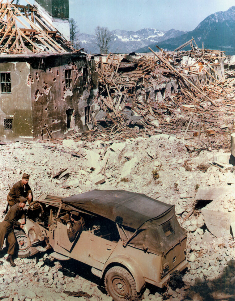 Outside the Berghof, Hitler’s house for guests in Berchtesgaden, a few Screaming Eagles commandeer an SS staff car. The Americans liberated any vehicle they could find, including Volkswagen and Mercedes Benz automobiles, troop trucks, fire engines, an amphibious vehicle and Hitler’s and Luftwaffe Chief Hermann Goering’s staff cars.