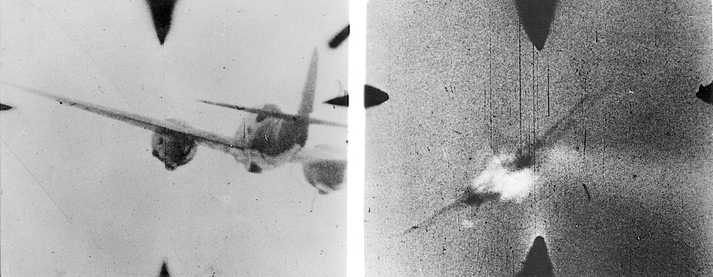 Images from the gun camera of a Bell P-39 Airacobra fighter record the destruction of a twin-engine Japanese aircraft.