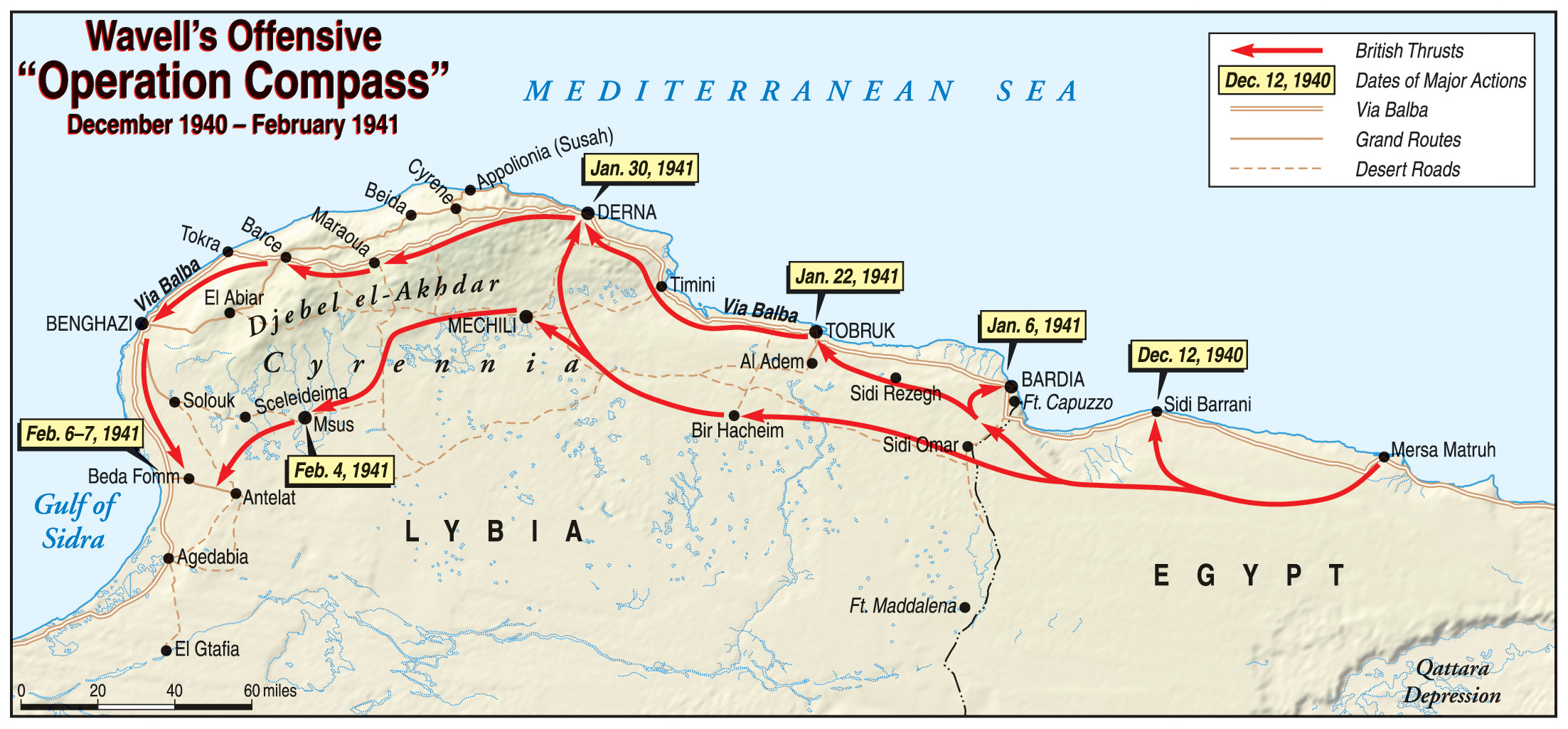Directed by Field Marshal Archibald Wavell, Operation Compass was a huge success as two British divisions and an attached tank regiment eliminated an Italian threat to Egypt, assumed the offensive in Libya, and drove their enemy westward across miles of desert along the Mediterranean coast.