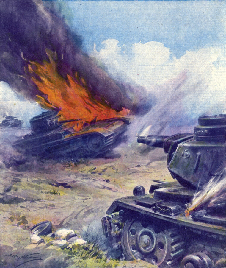 In a painting by artist Achille Betrame for the Italian magazine Domenica del Corriere, a German tank’s powerful main gun destroys a British adversary during savage fighting for the Libyan port city of Tobruk in December 1941. 
