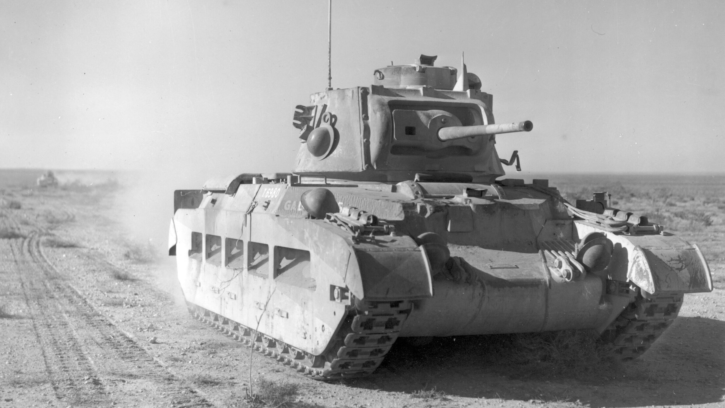 A tough MK II (A14) Matilda tank of the British 7th Royal Tank Regiment stirs up a cloud of desert dust. The most modern tank in the British arsenal at the time of Beda Fomm, the Matilda had surprised Rommel’s elite 7th Panzer Division in May 1940 on the battlefield of Arras in France.