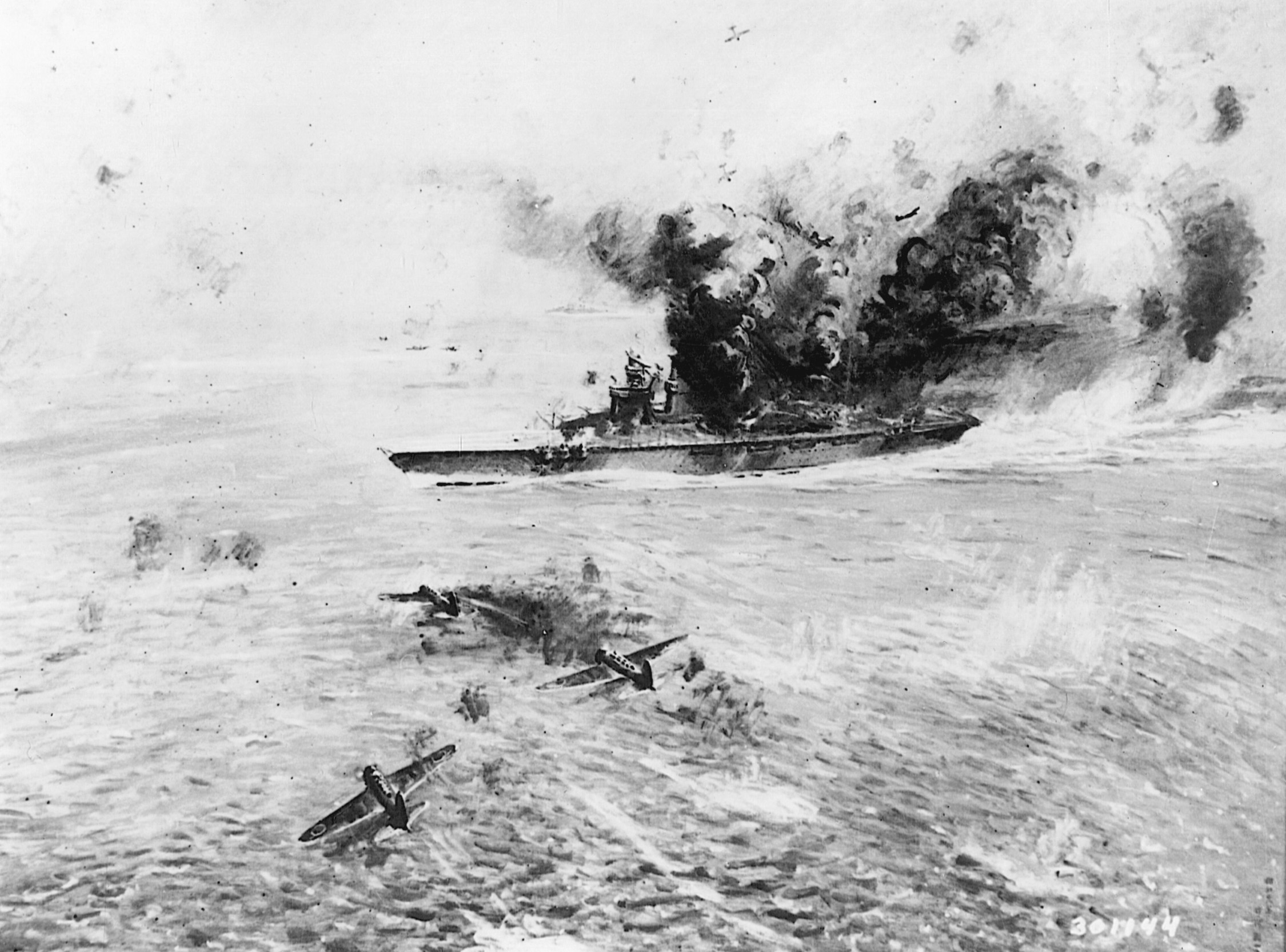 In this depiction of action in the Coral Sea, Japanese aircraft press home attacks against the carrier USS Lexington.
