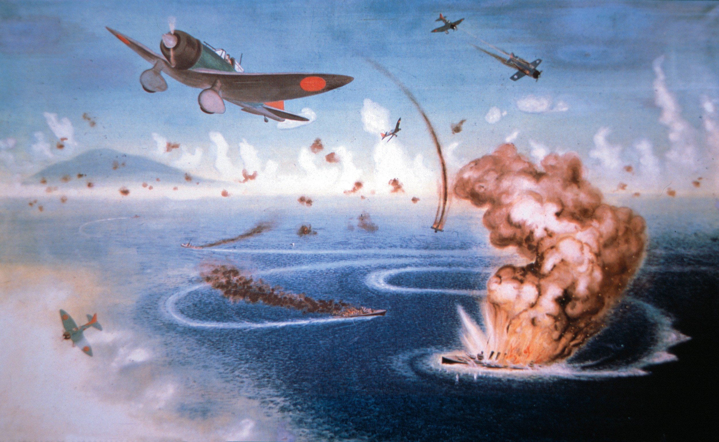 In a painting by Japanese war artist Kabori Yasua, a “Val” dive-bomber speeds away from the scene of an attack on American vessels in the Coral Sea.