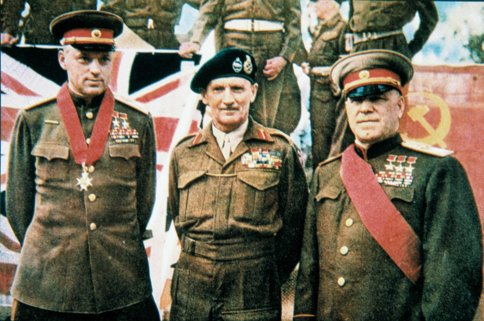 Marshal Georgi Zhukov, right, poses with British Field Marshal Bernard Montgomery after being awarded a British medal in Berlin on July 12, 1945.