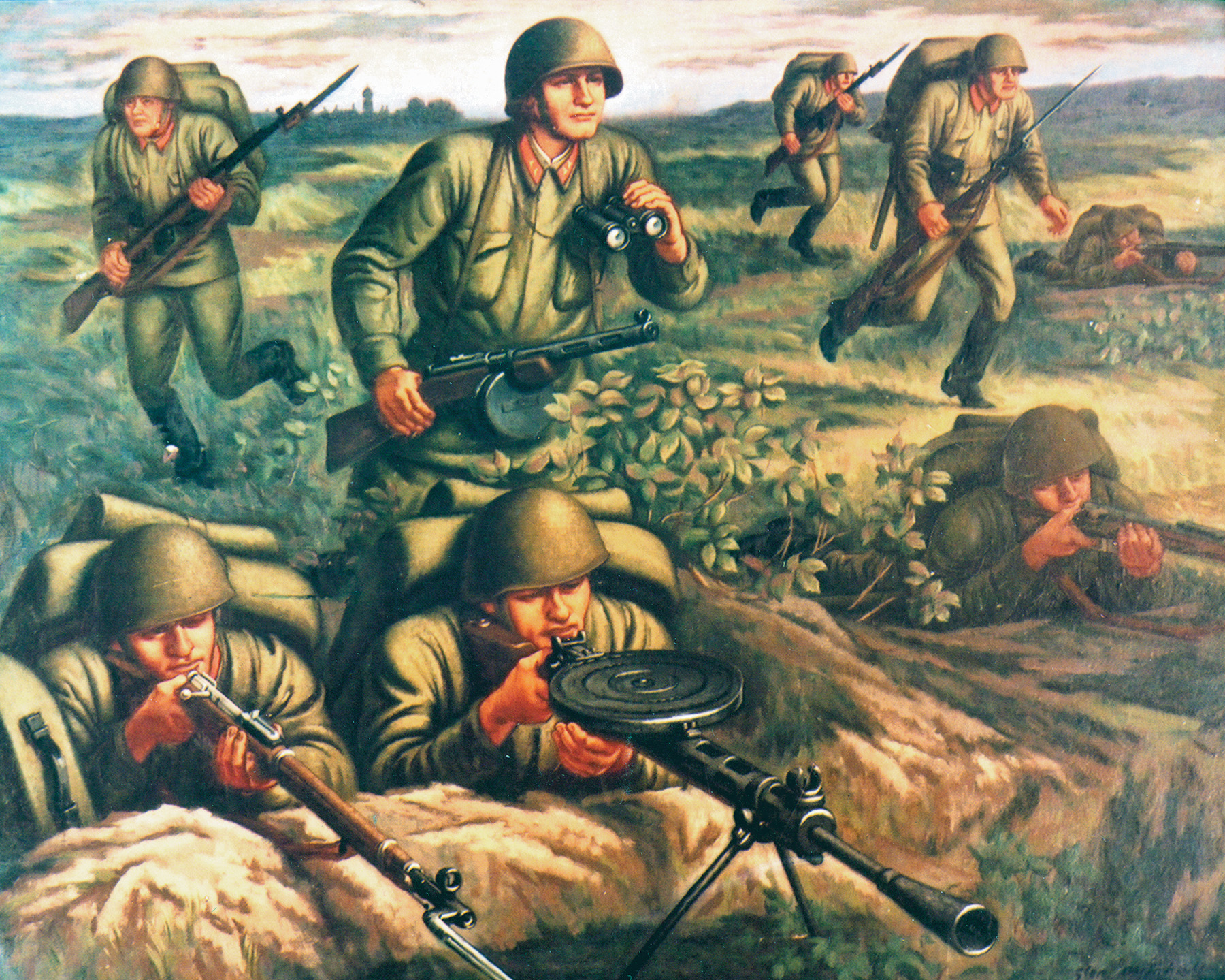 “Seven Soldiers and a Machine Gun,” a wartime painting by Glenn Mitchell, depicts Soviet infantrymen manning dug-in positions. 
