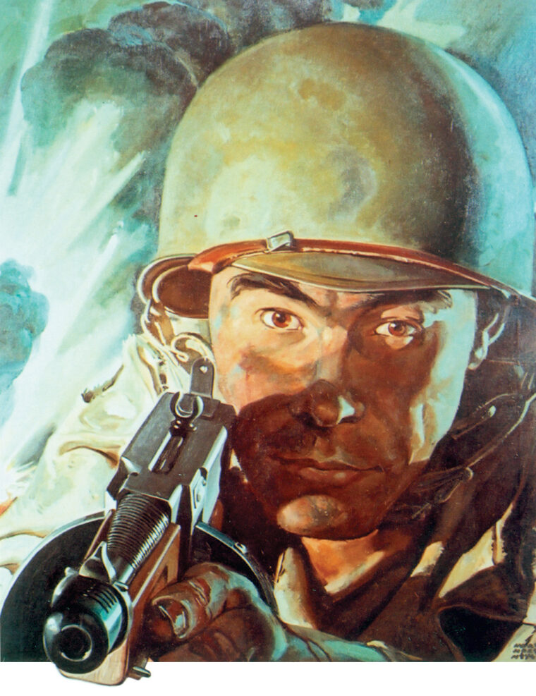 Artist Harry M. Mayers’ painting The Ultimate Weapon depicts a U.S. soldier holding a Thompson with the old drum magazine, which was eventually replaced by the box magazine. The twin sights and bolt of the weapon are clearly visible.