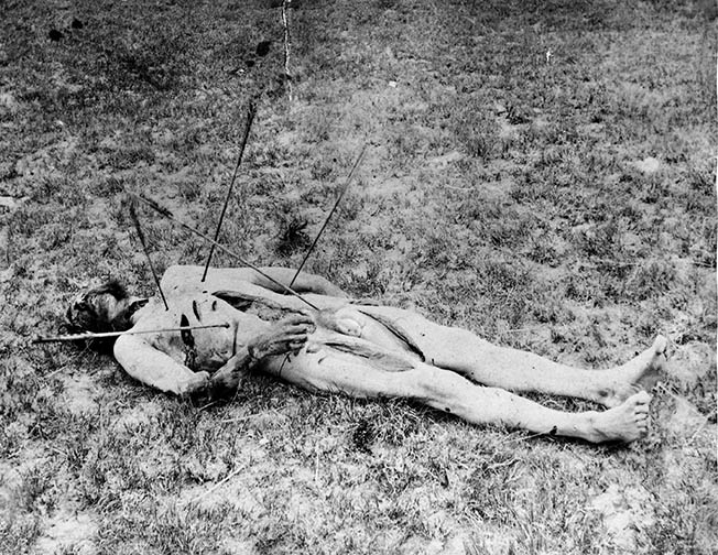 After the fight, the Indians stripped and mutilated the body of Englishman Sgt. Frederick Wyllyams.